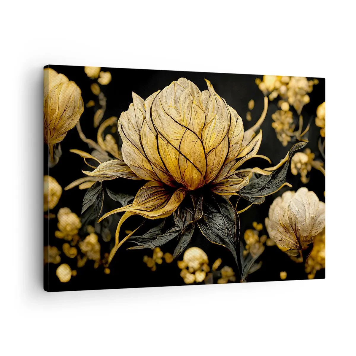 Lærredstryk - Billede på lærred - Gylden blomst på en mørk baggrund - 70x50cm - Subtil skrøbelighed - Moderne vægdekoration til stue og soveværelse ARTTOR