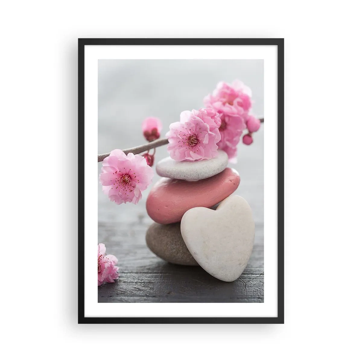 Plakat i sort ramme - Hjerteformede sten med lyserøde kirsebærblomster - 50x70cm - Kirsebærblomstens lyksalighed - Moderne vægdekoration til stue og soveværelse ARTTOR
