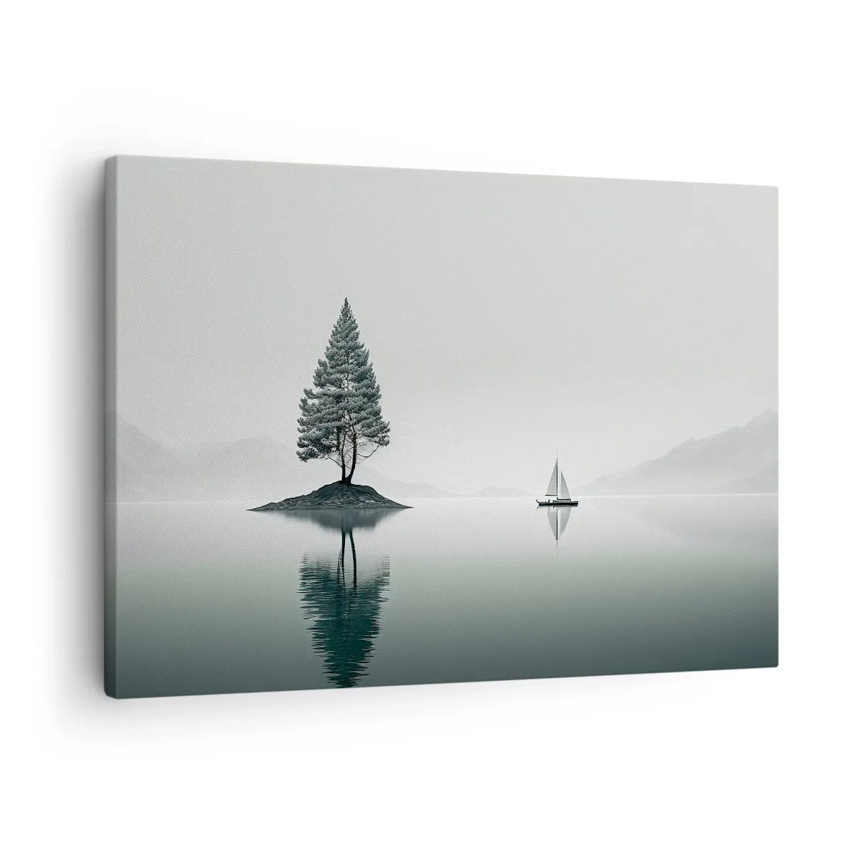 Lærredstryk - Billede på lærred - Et minimalistisk landskab med et træ på en ø og en sejlbåd. - 70x50cm - En drøm - Moderne vægdekoration til stue og soveværelse ARTTOR