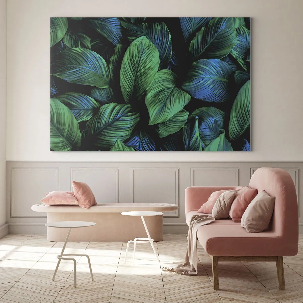Billede på glas - Nærbillede af blade i intense grønne nuancer - 70x50cm - I den grønne flok - Moderne vægdekoration til stue og soveværelse ARTTOR