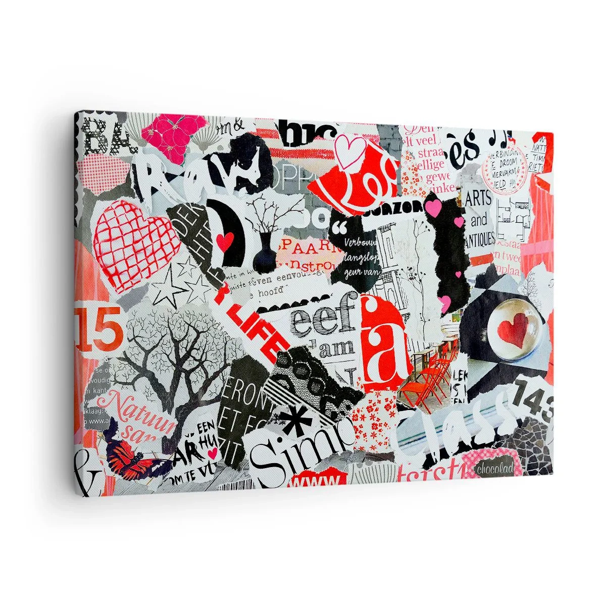 Lærredstryk - Billede på lærred - En farverig collage med inskriptioner, hjerter og grafik. - 70x50cm - Hipster collage - Moderne vægdekoration til stue og soveværelse ARTTOR