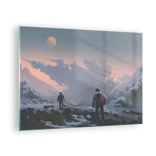 Billede på glas - Astronauter på en fremmed planet med et skibsvrag i baggrunden - 70x50cm - Under en ukendt stjerne - Moderne vægdekoration til stue og soveværelse ARTTOR