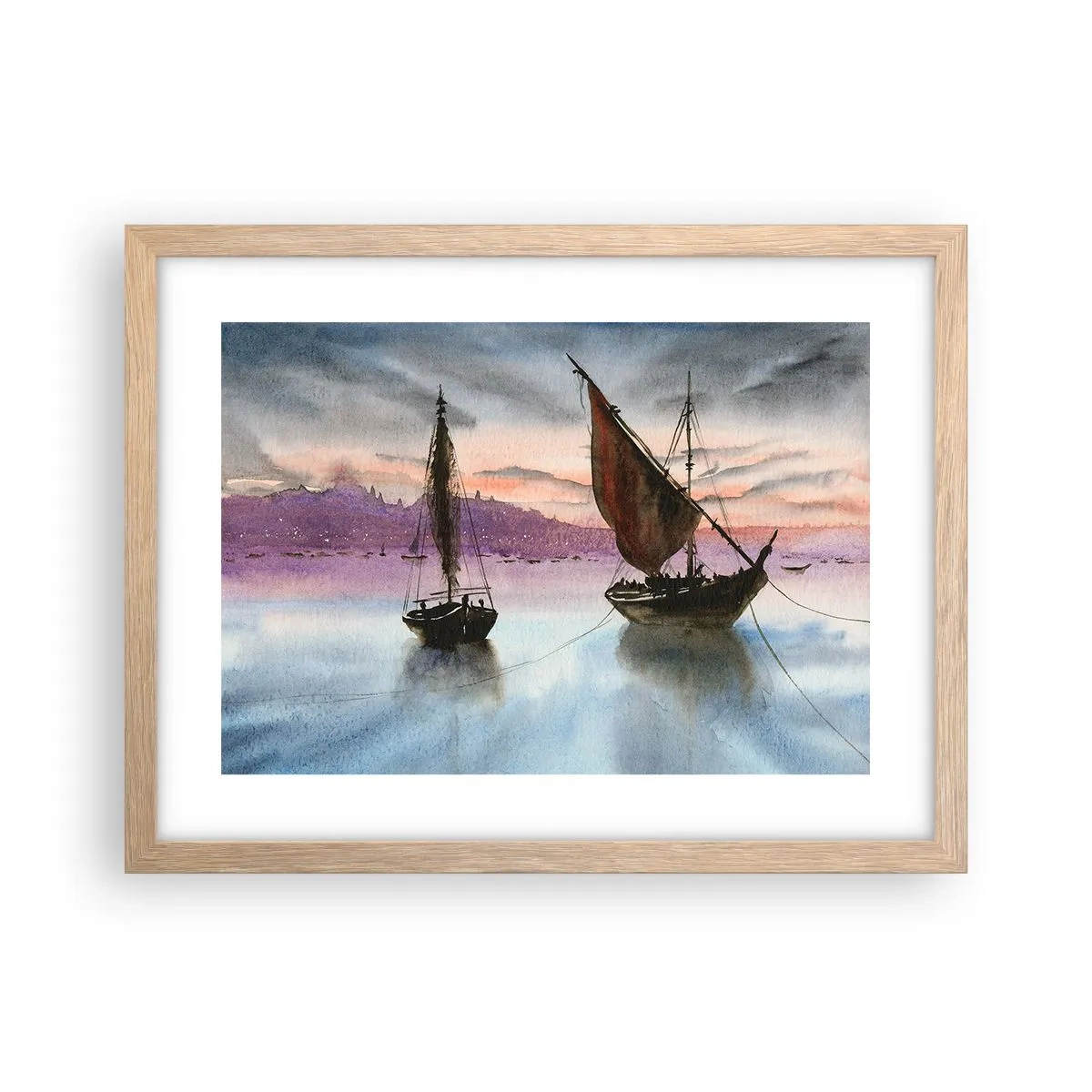 Plakat i ramme af lyst egetræ - Aften i havnen - 40x30 cm