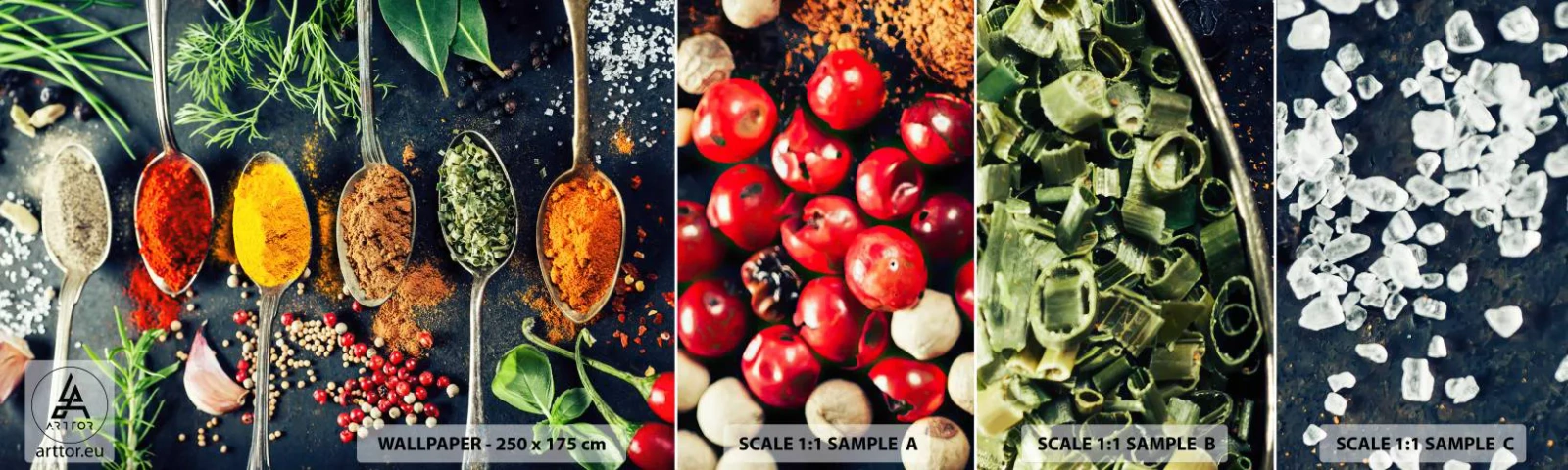 Prøve Fototapet Selvklæbende Deluxe Sticker - Kulinarisk magi - Krydderier, Urter, Køkken - 100x30 cm