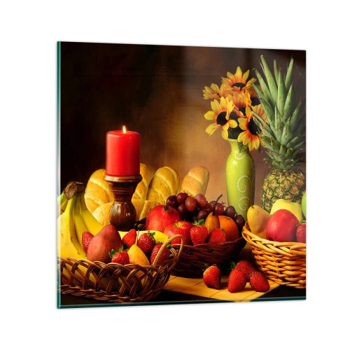 Billede på glas - Stilleben med brød og frugt - 30x30 cm