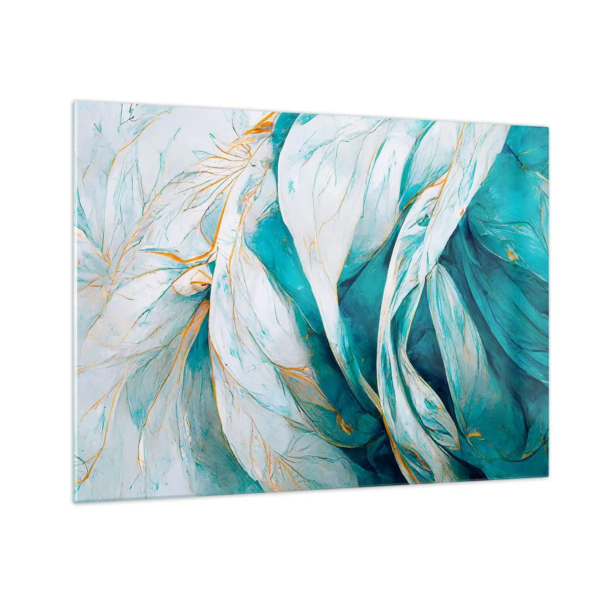 Billede på glas - Organisk abstraktion i blå og gyldne linjer - 70x50cm - Blå abstraktion med et guldmotiv - Moderne vægdekoration til stue og soveværelse ARTTOR