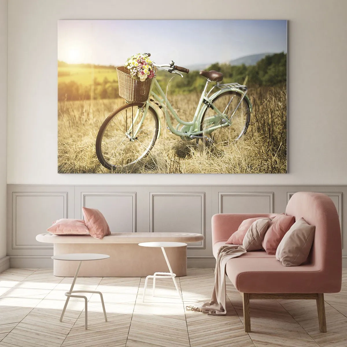 Billede på glas - Retro cykel med blomster mod en naturlig baggrund - 70x50cm - Jeg bliver her et stykke tid - Moderne vægdekoration til stue og soveværelse ARTTOR