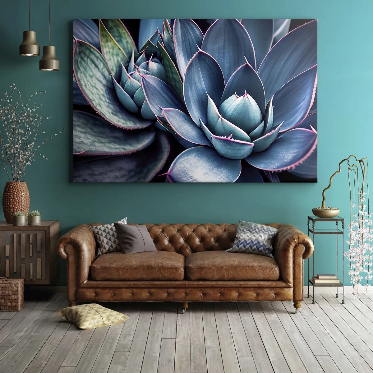 Lærredstryk - Billede på lærred - Agave i nuancer af blå og grøn med lyserøde accenter - 70x50cm - Vital kraft - Moderne vægdekoration til stue og soveværelse ARTTOR
