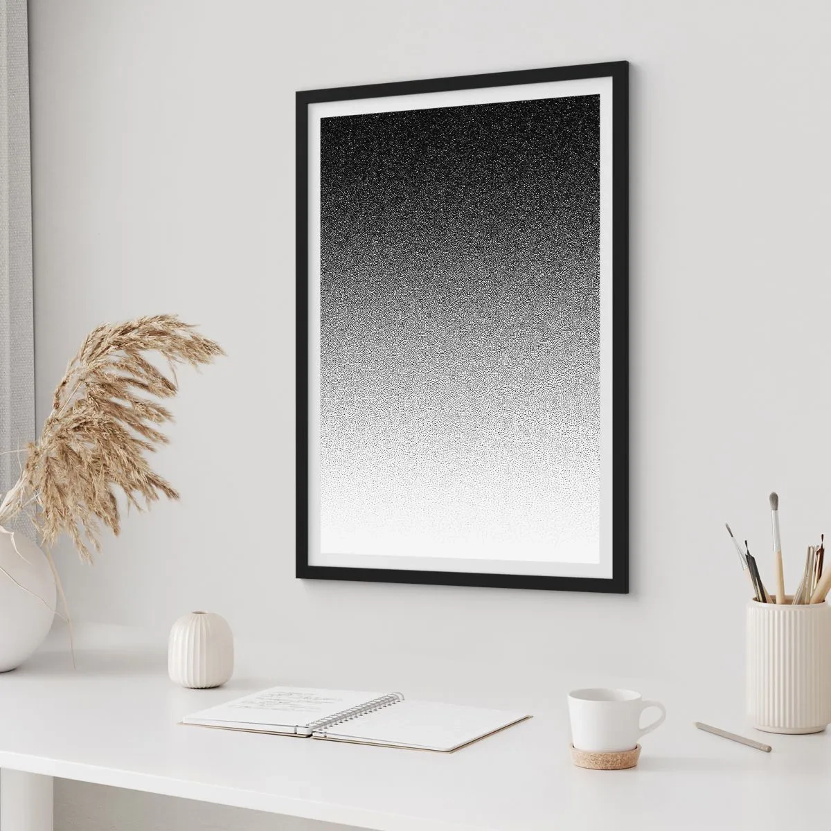 Plakat i sort ramme - Minimalistisk sort-hvid gradient i et prikket mønster - 50x70cm - På vej mod lyset - Moderne vægdekoration til stue og soveværelse ARTTOR