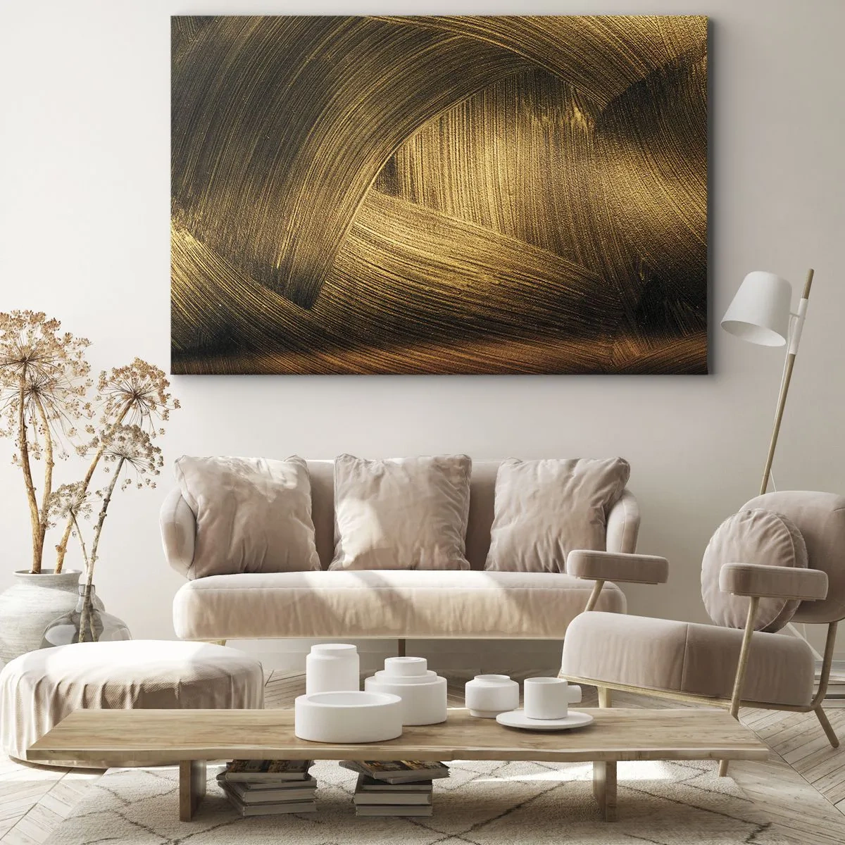 Lærredstryk - Billede på lærred - Gyldne abstrakte penselstrøg - 70x50cm - I den gyldne labyrint - Moderne vægdekoration til stue og soveværelse ARTTOR