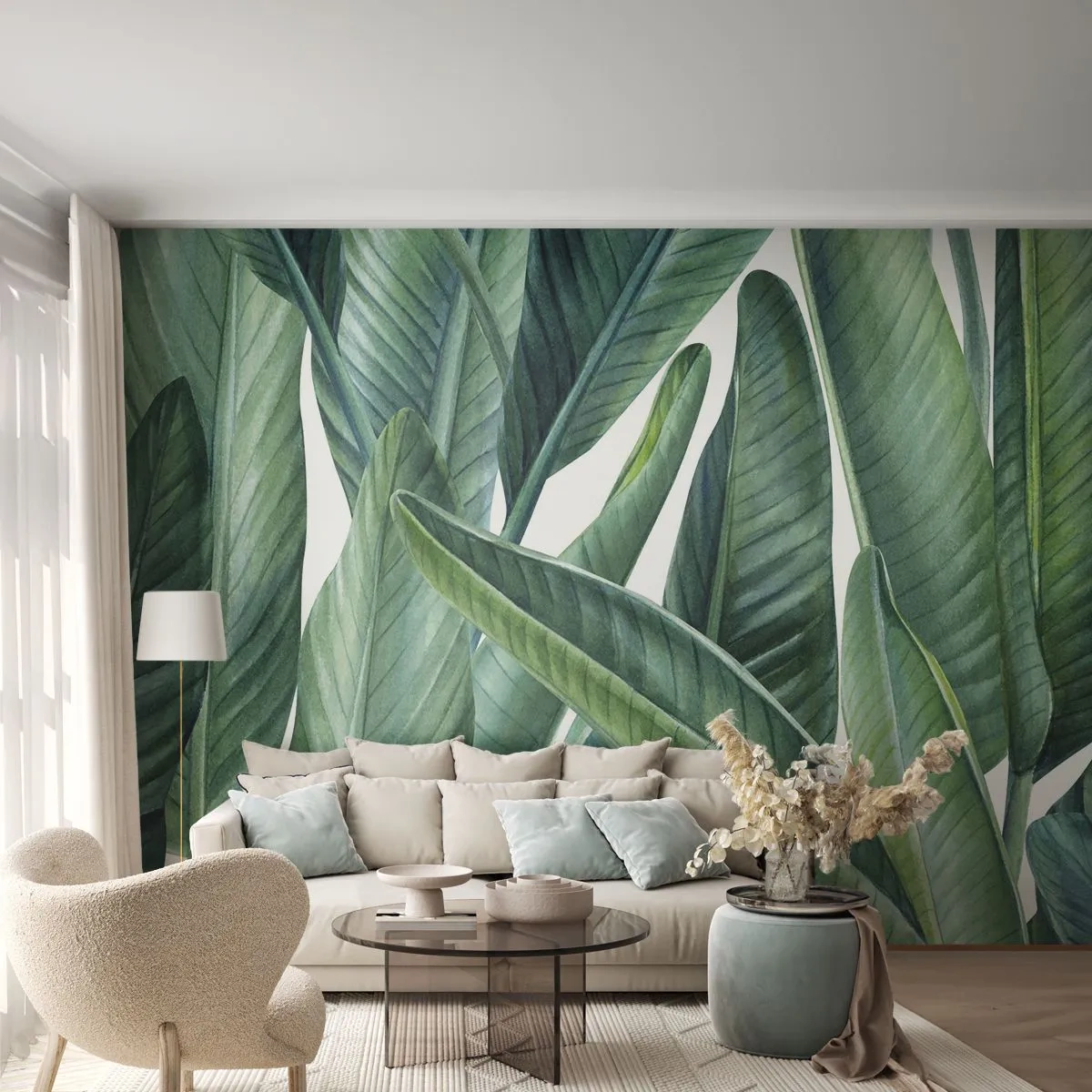 Fototapet Premium Canvas - Det grønne i sig selv - Grønne blade, Tropisk plante, Natur - 200x140 cm