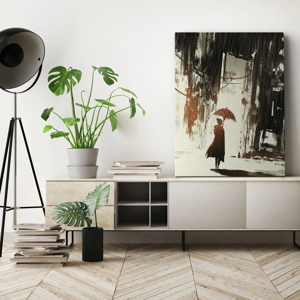 Lærredstryk - Billede på lærred - Den røde paraplys poesi - 50x70 cm