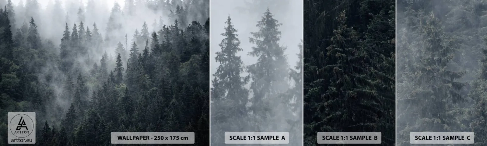 Prøve Fototapet Selvklæbende Deluxe Sticker - Skovens daggry - Landskab, Skov, Natur - 100x30 cm