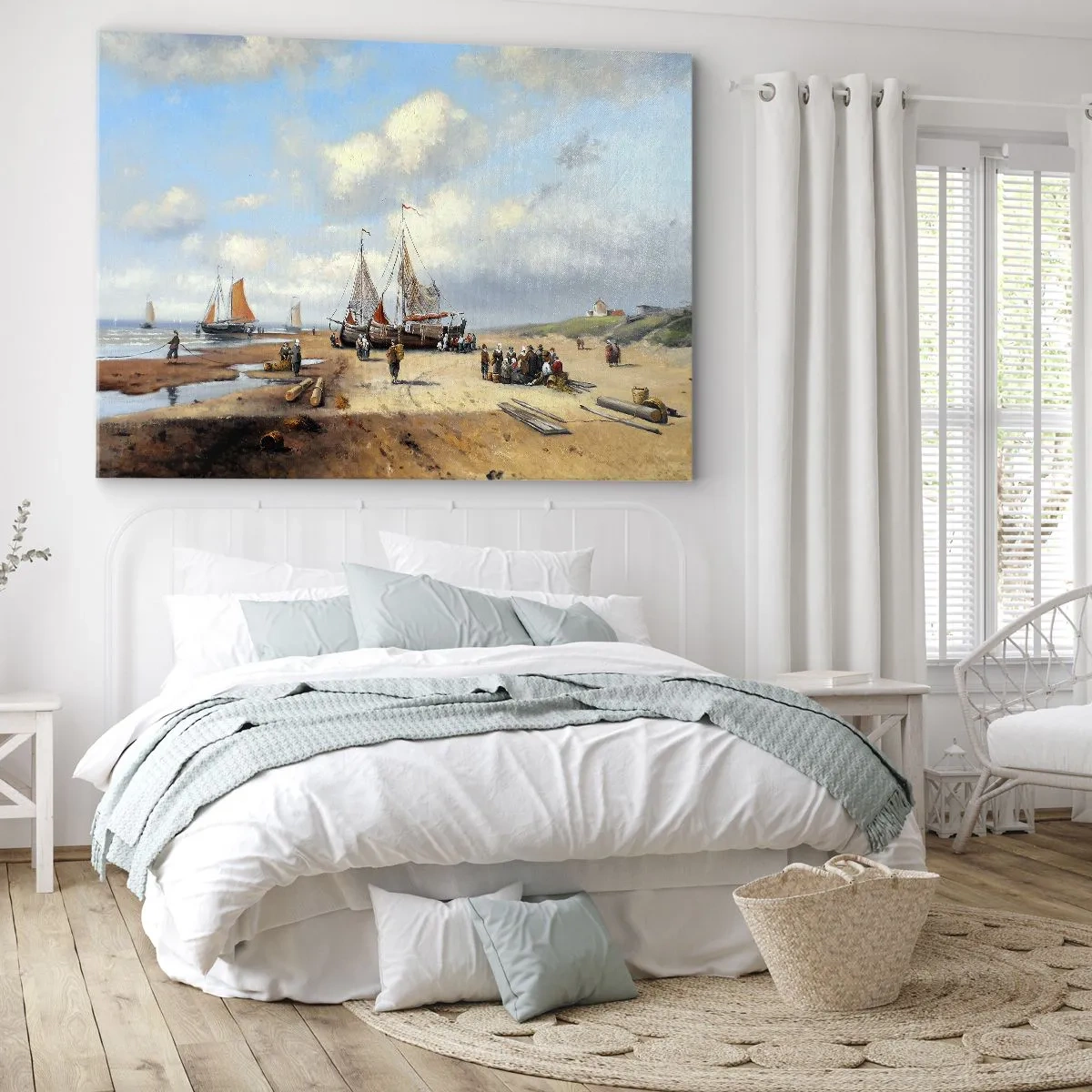 Lærredstryk - Billede på lærred - Fiskerbåde på stranden med menneskefigurer - 70x50cm - Efter en vellykket fangst - Moderne vægdekoration til stue og soveværelse ARTTOR