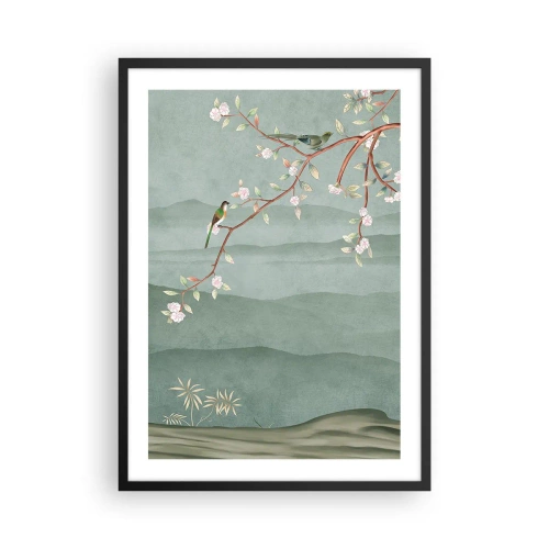 Plakat i sort ramme - Fugle på en blomstrende gren med udsigt over bakkerne - 50x70cm - Forår, ah, det er dig - Moderne vægdekoration til stue og soveværelse ARTTOR