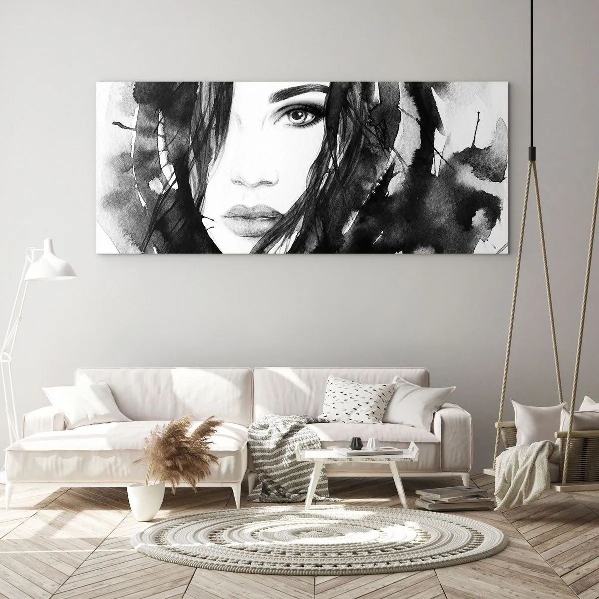 Billede på glas - Portræt af en dame i sort og hvidt - 100x40 cm