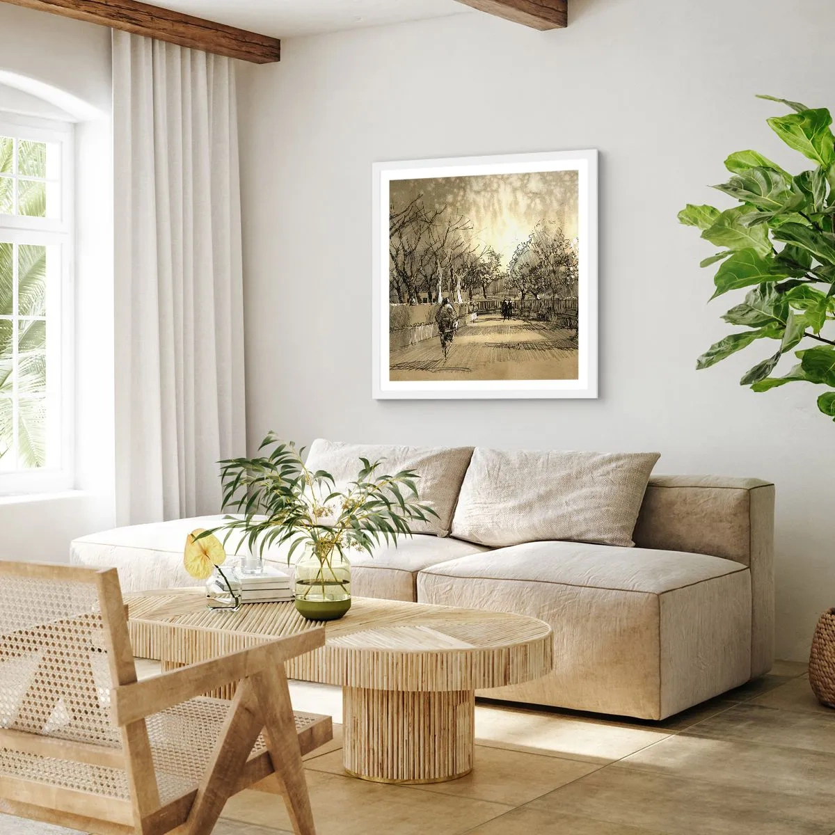 Plakat i hvid ramme - Et øjeblik med fjer - 50x50 cm