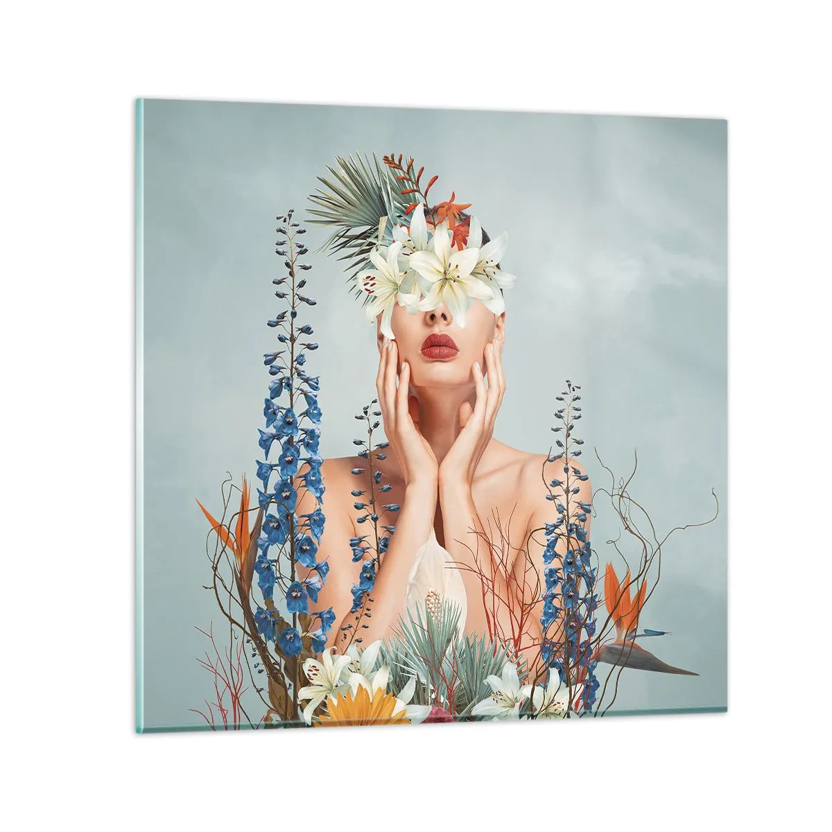 Billede på glas - Kvinde blomst - 50x50 cm