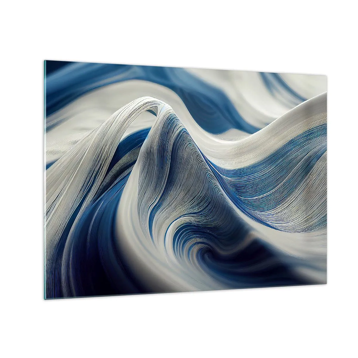 Billede på glas - Dynamisk abstraktion i nuancer af blå og hvid - 70x50cm - Flydende blå og hvide farver - Moderne vægdekoration til stue og soveværelse ARTTOR