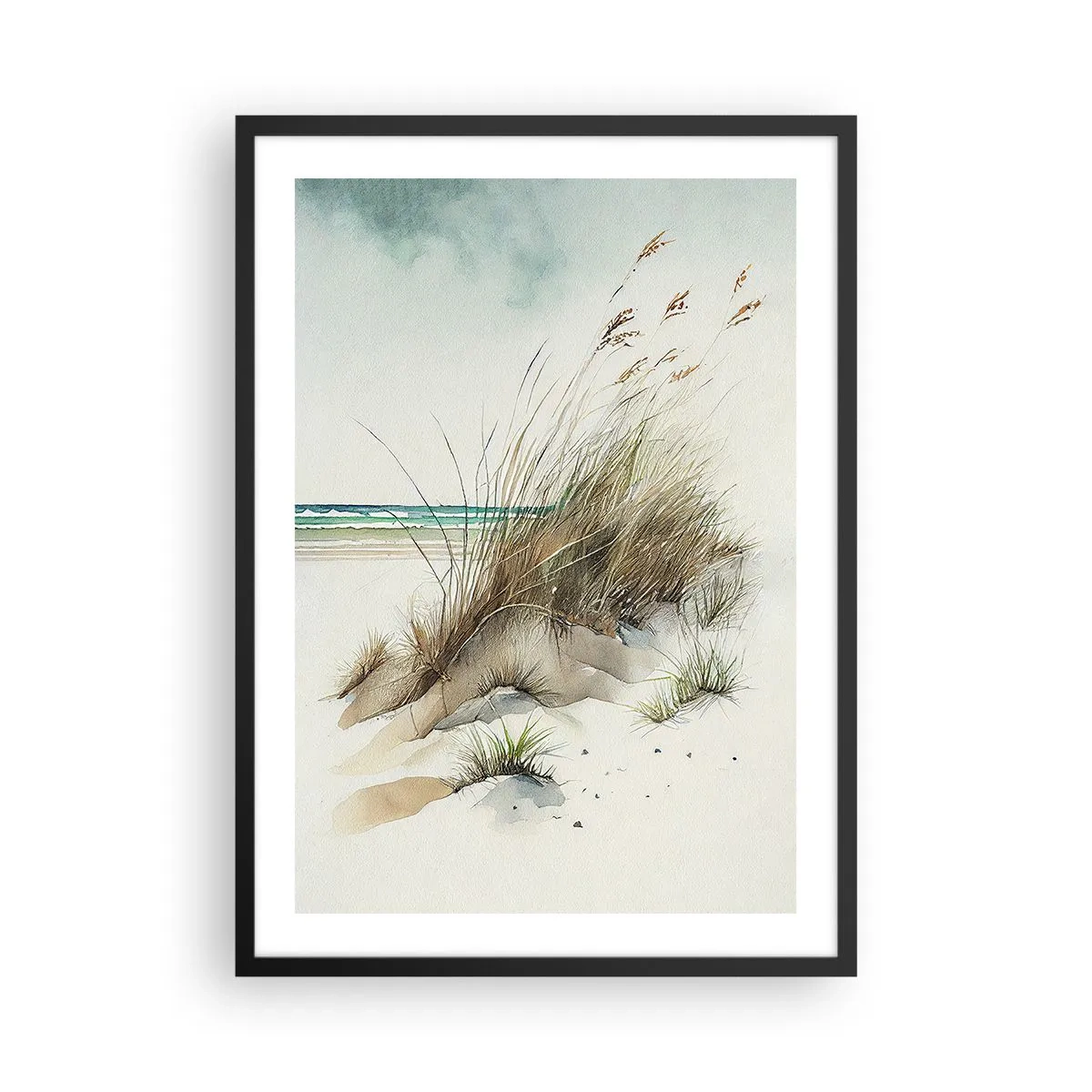 Plakat i sort ramme - Akvarellignende klitter med græsser ved et roligt hav - 50x70cm - Pakket ind i sand - Moderne vægdekoration til stue og soveværelse ARTTOR