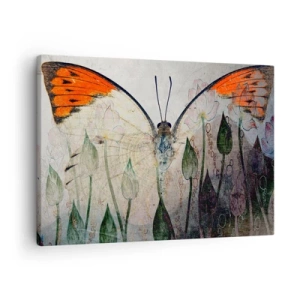 Lærredstryk - Billede på lærred - En sommerfugl med orange vinger mod en baggrund af stiliserede blomster. - 70x50cm - "Hvor sommerfuglen svajer i græsset". - Moderne vægdekoration til stue og soveværelse ARTTOR