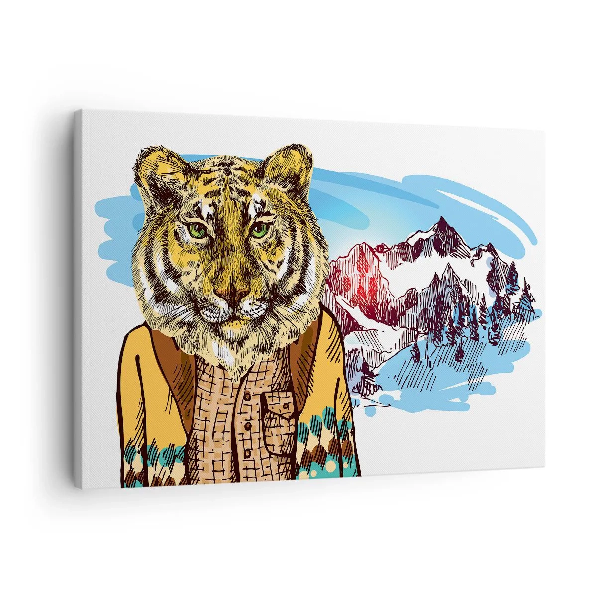 Lærredstryk - Billede på lærred - En tiger i en frakke mod et bjerglandskab - 70x50cm - Ikke så vild som han er tegnet - Moderne vægdekoration til stue og soveværelse ARTTOR