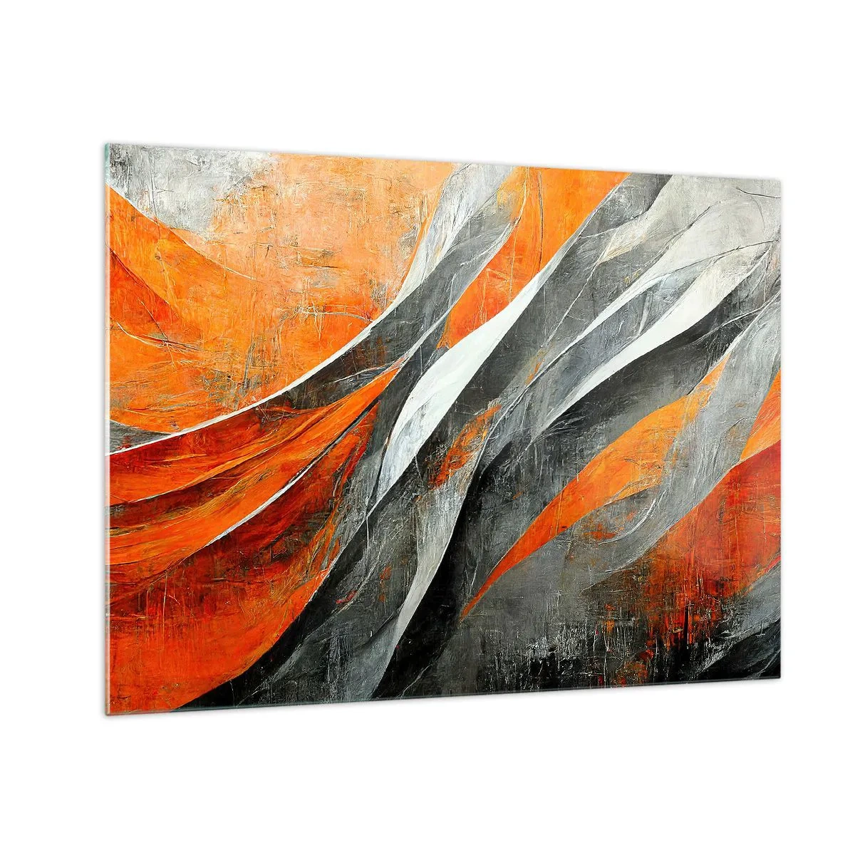 Billede på glas - Abstrakte striber i nuancer af orange og grå - 70x50cm - Varme og kulde - Moderne vægdekoration til stue og soveværelse ARTTOR