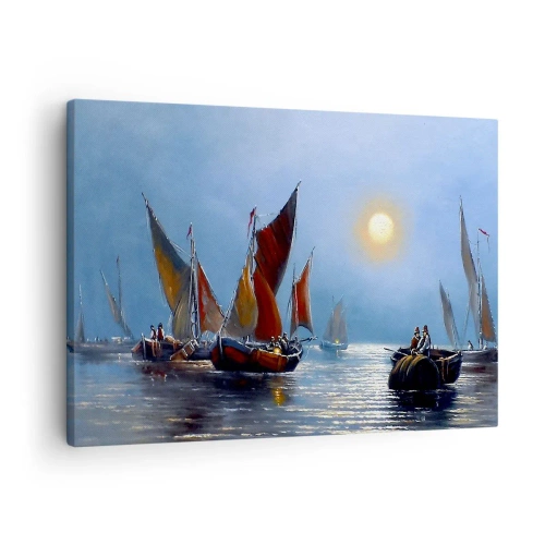 Lærredstryk - Billede på lærred - Både med sejl på roligt vand ved solnedgang - 70x50cm - Natfiskeri - Moderne vægdekoration til stue og soveværelse ARTTOR