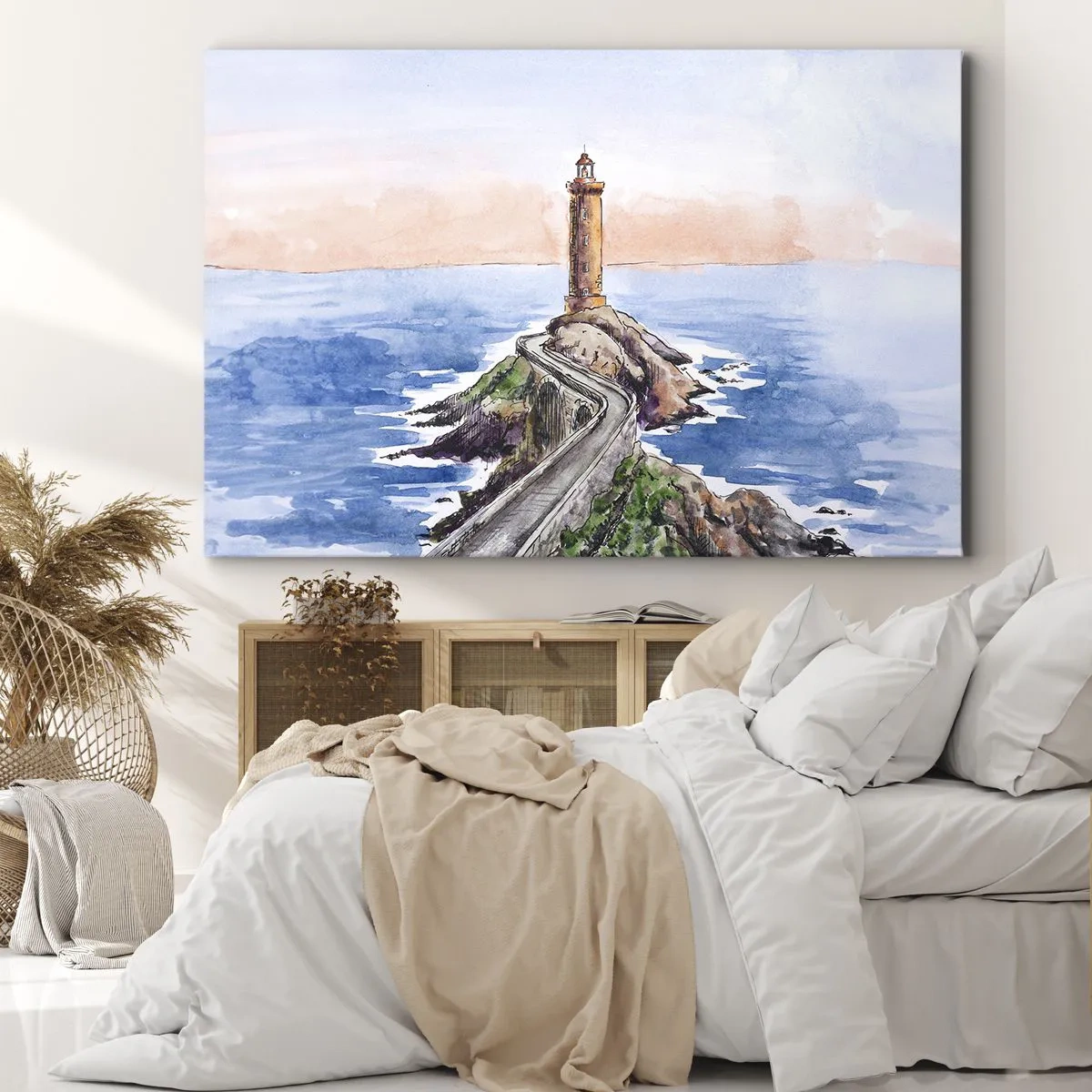 Lærredstryk - Billede på lærred - Et fyrtårn på en klippefyldt kyst - 70x50cm - Med front mod havet - Moderne vægdekoration til stue og soveværelse ARTTOR