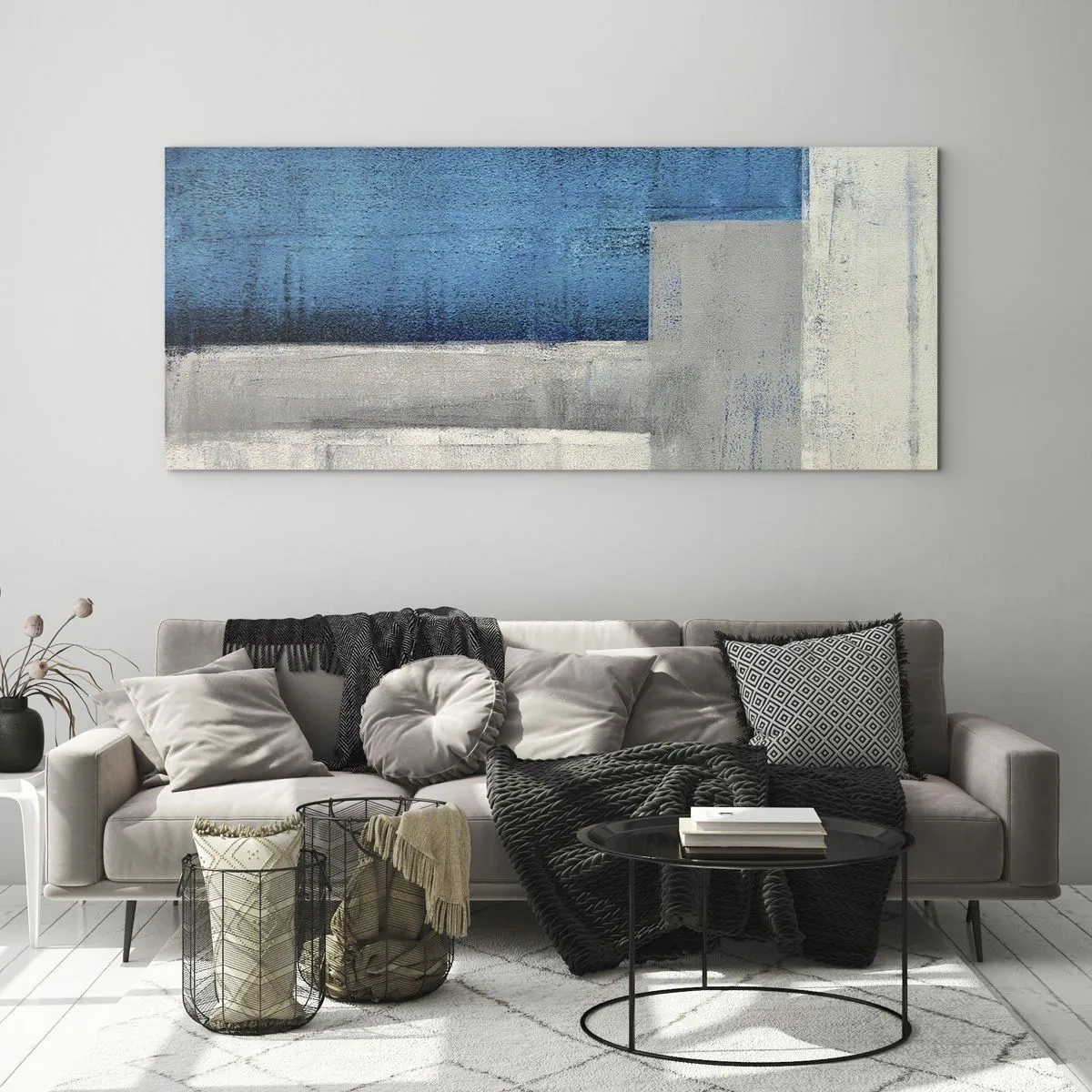 Billede på glas - Poetisk komposition af grå og blå - 100x40 cm