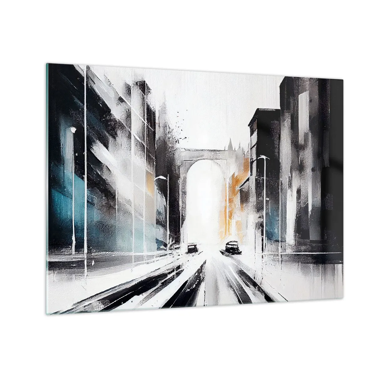 Billede på glas - En dynamisk bygade med biler og en bue i baggrunden i malerisk stil. - 70x50cm - Bystudie: arkitektur og bevægelse - Moderne vægdekoration til stue og soveværelse ARTTOR