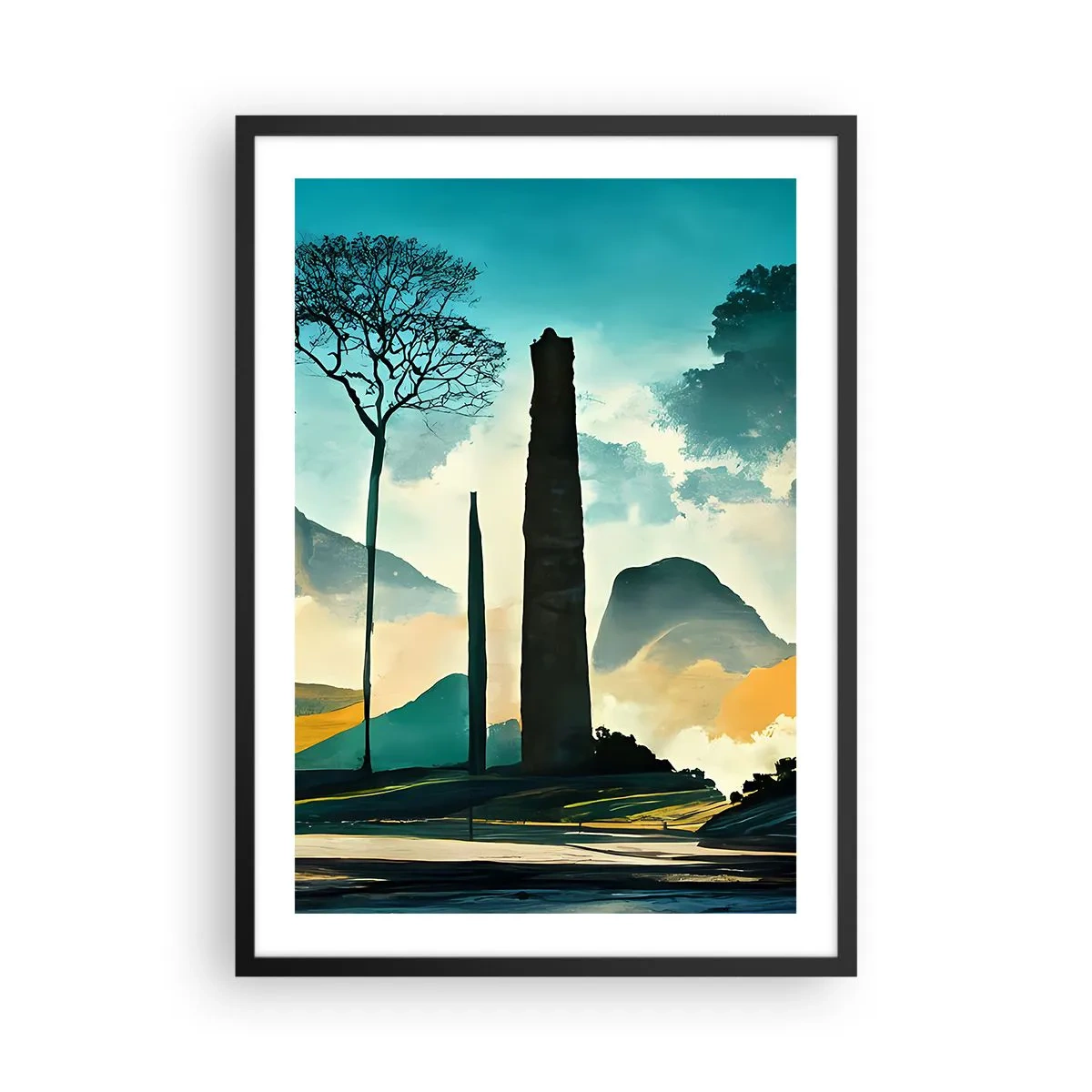 Plakat i sort ramme - Et mystisk landskab med monumentale obelisker - 50x70cm - Stadig højere og højere - Moderne vægdekoration til stue og soveværelse ARTTOR