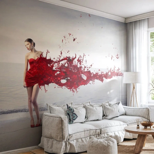 Fototapet Selvklæbende Deluxe Sticker - Lidenskabelig som skarlagen - Kvinde, Model, Grafik - 100x70 cm
