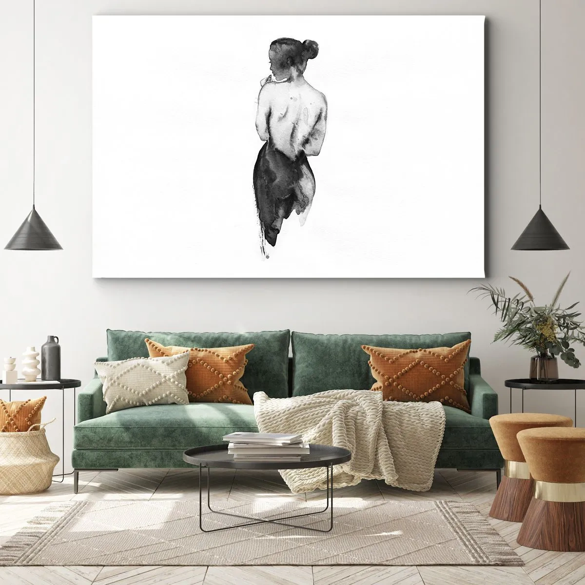 Lærredstryk - Billede på lærred - Kvindefiguren fanget i diskret akvarel - 70x50cm - Med hende forsvinder verden - Moderne vægdekoration til stue og soveværelse ARTTOR