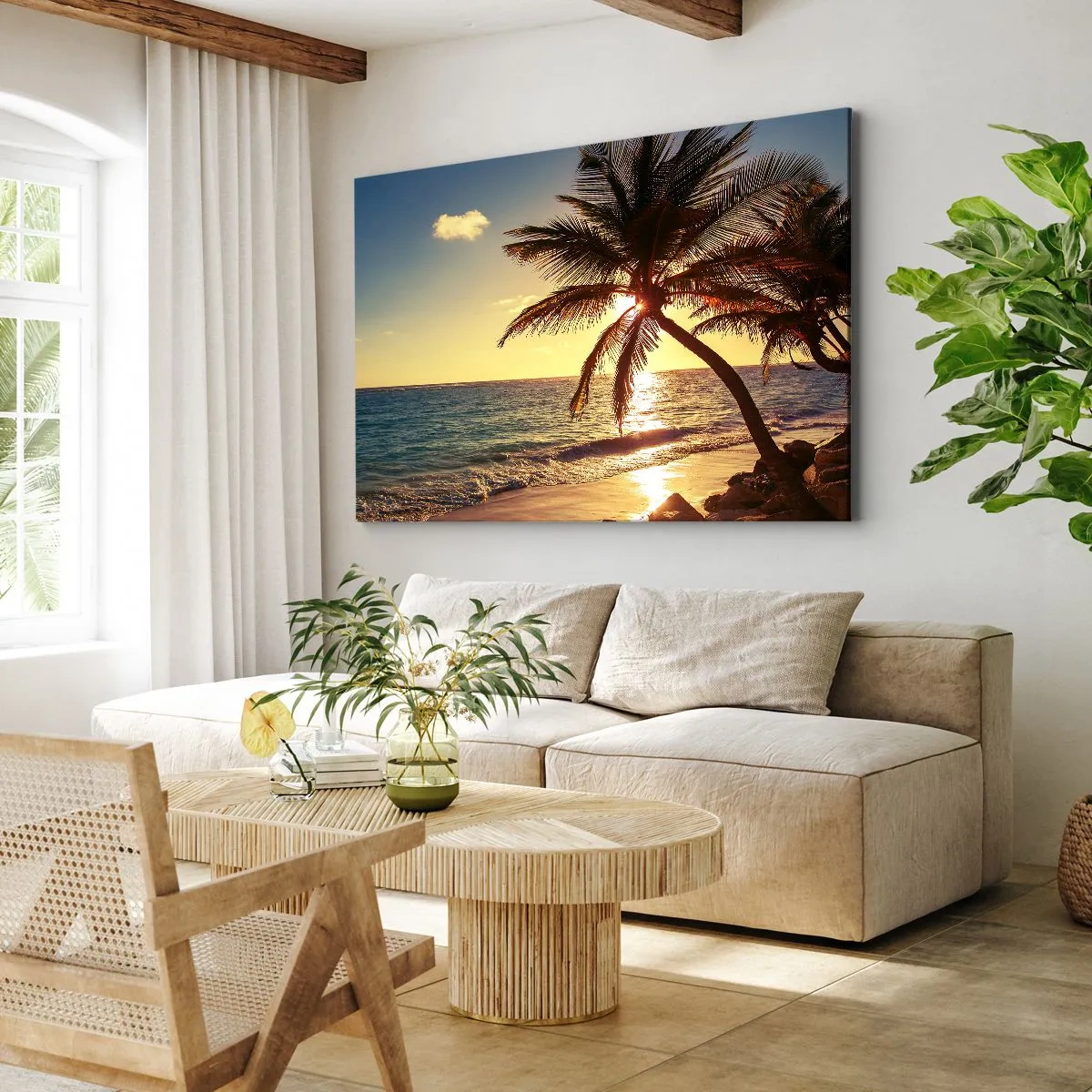 Lærredstryk - Billede på lærred - Tropisk solnedgang over en strand med palmer - 70x50cm - Sommer under palmerne - Moderne vægdekoration til stue og soveværelse ARTTOR