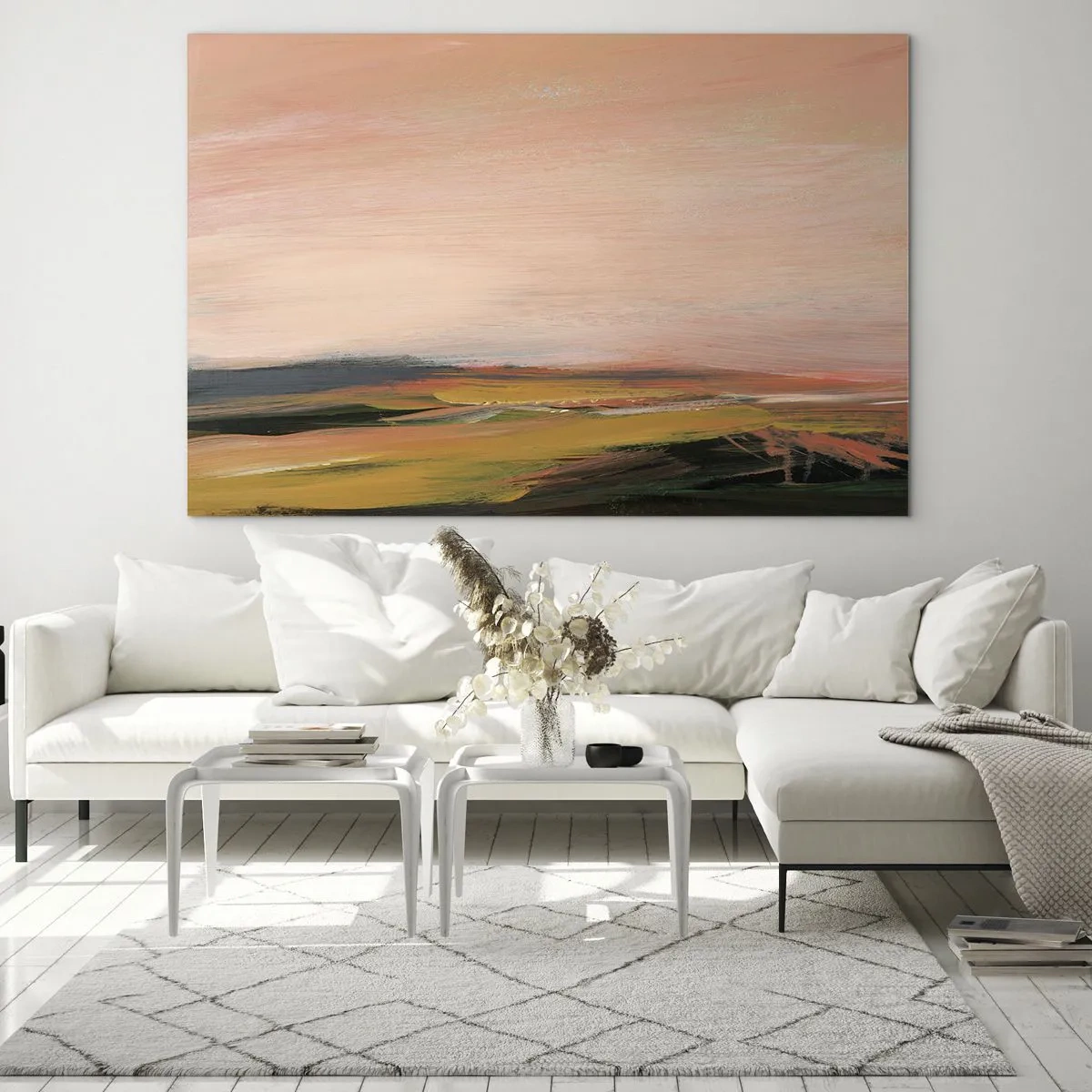 Billede på glas - Et abstrakt landskab i nuancer af lyserød og off-green. - 70x50cm - I lyserøde toner - Moderne vægdekoration til stue og soveværelse ARTTOR