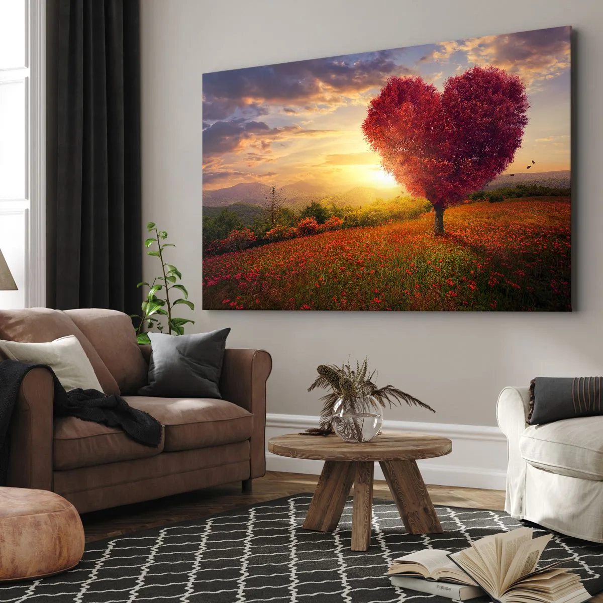 Lærredstryk - Billede på lærred - Hjerteformet træ ved solnedgang - 70x50cm - Det griber om hjertet - Moderne vægdekoration til stue og soveværelse ARTTOR