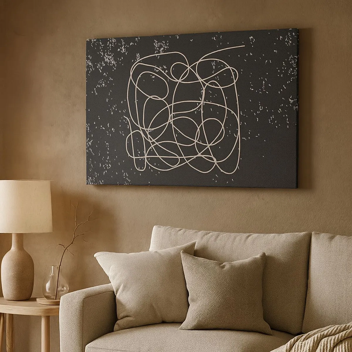 Lærredstryk - Billede på lærred - Abstrakt linje på en sort baggrund med fine detaljer - 70x50cm - Vandrende tanker - Moderne vægdekoration til stue og soveværelse ARTTOR