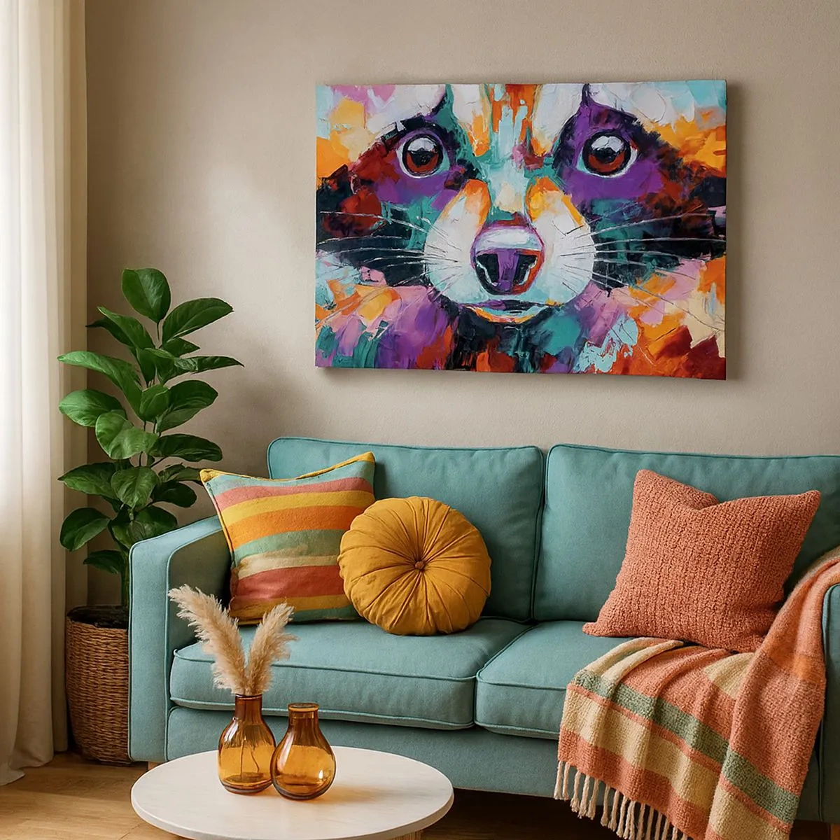 Lærredstryk - Billede på lærred - Et farverigt portræt af en vaskebjørn i stil med ekspressiv maleri. - 70x50cm - Kun gode følelser - Moderne vægdekoration til stue og soveværelse ARTTOR