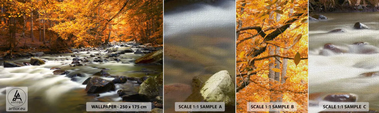 Prøve Fototapet Premium Canvas - Et vandløb i den gyldne skov - Landskab, Skov, Bjergstrøm - 100x30 cm