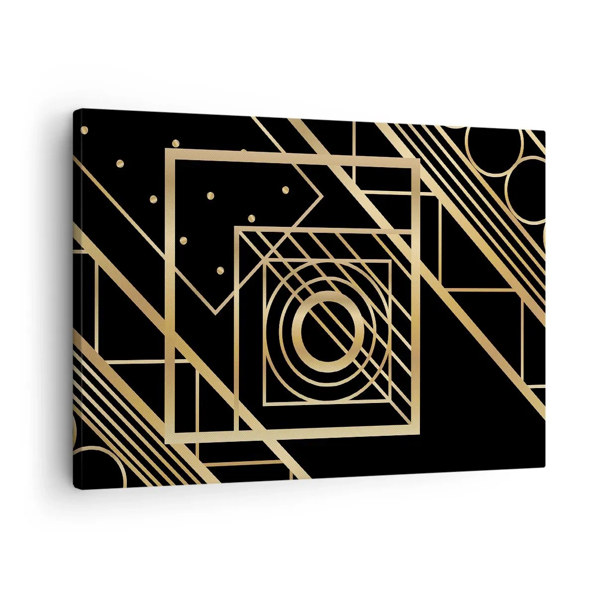Lærredstryk - Billede på lærred - Gyldne geometriske mønstre på en sort baggrund - 70x50cm - Gylden geometri - Moderne vægdekoration til stue og soveværelse ARTTOR