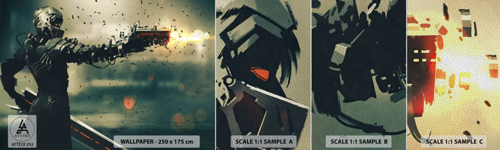 Prøve Fototapet Premium Sand - Dødeligt våben - din helt egen Terminator - Abstraktion, Fantasi, Fremtidens kriger - 100x30 cm