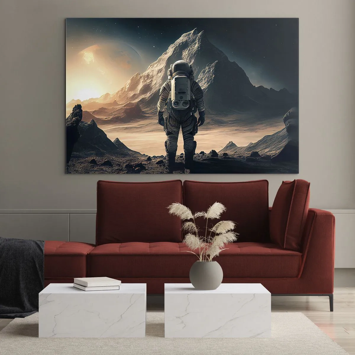 Billede på glas - Astronaut på en fremmed planet med et bjergrigt landskab - 70x50cm - En ny udfordring - Moderne vægdekoration til stue og soveværelse ARTTOR