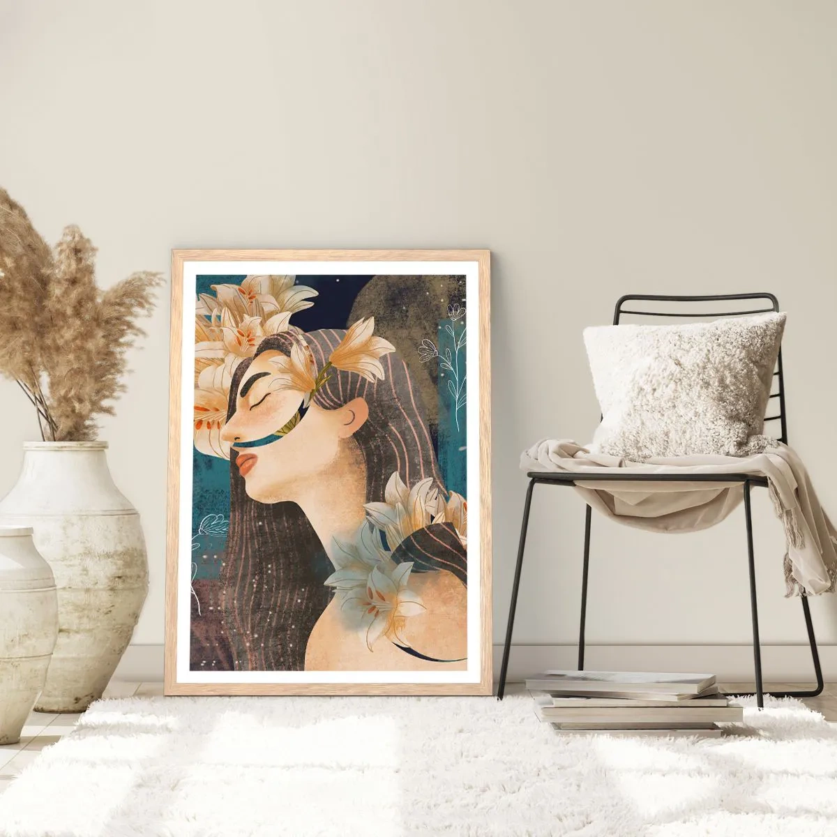 Plakat i ramme af lyst egetræ - Eventyret om prinsessen med liljerne - 30x40 cm