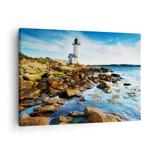 Lærredstryk - Billede på lærred - Et fyrtårn på en klippekyst på en solskinsdag - 70x50cm - Vend tilbage med glæde, jeg ser frem til - Moderne vægdekoration til stue og soveværelse ARTTOR