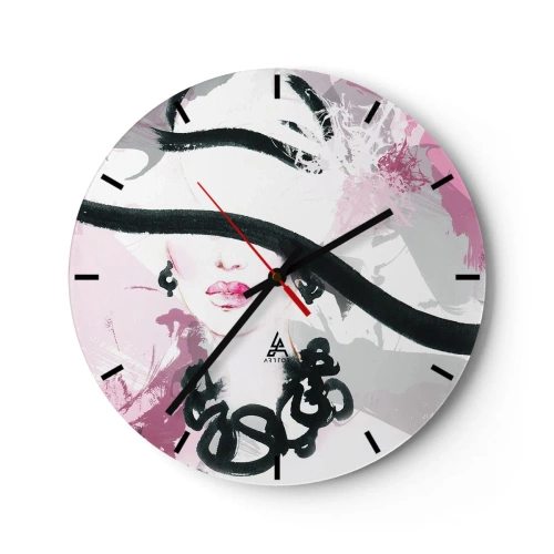 Vægur, Uret - Et elegant portræt af en kvinde i sort og pink stil - 30x30cm - Portræt af en dame i sort og lyserødt - Moderne vægdekoration til stue, køkken og soveværelse ARTTOR