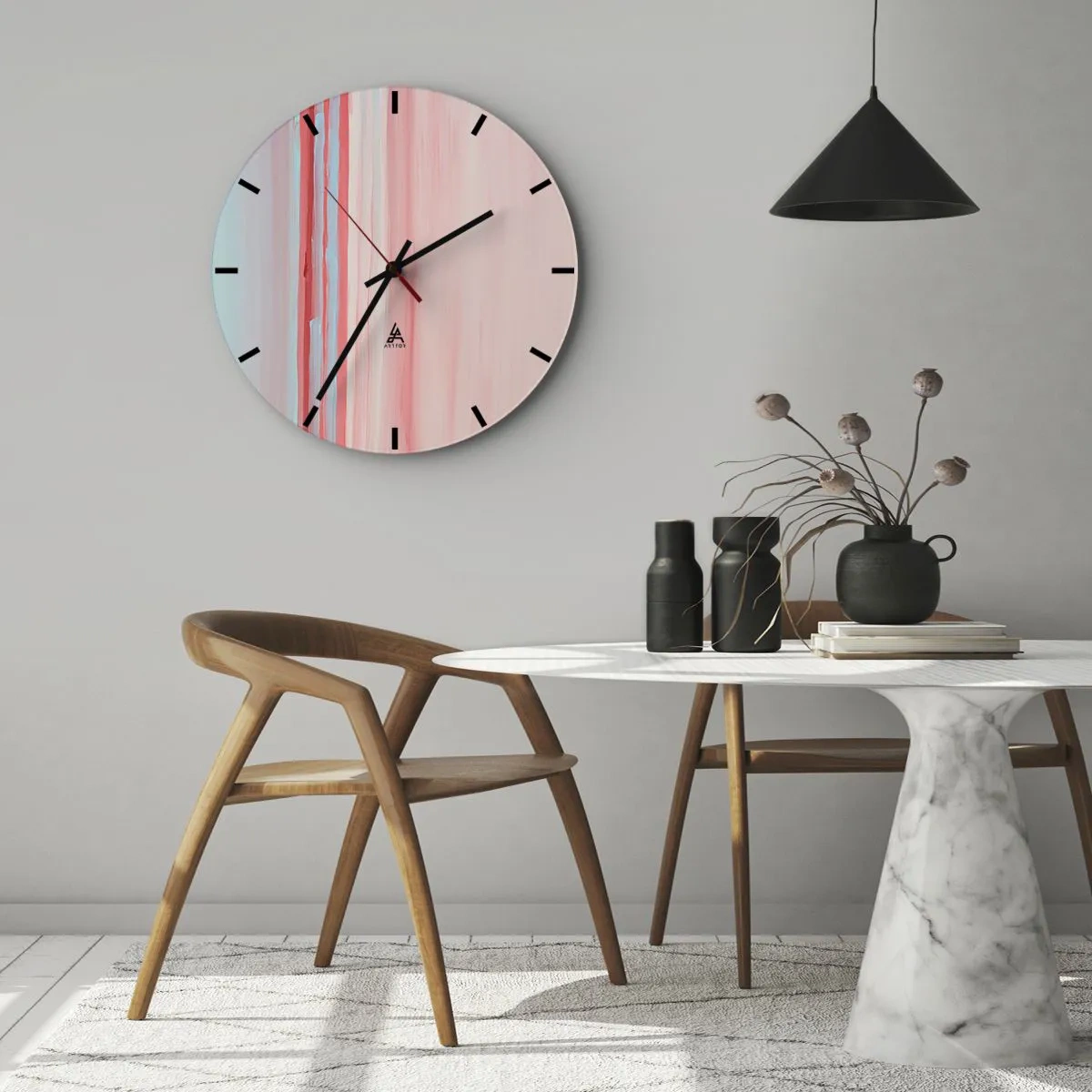 Vægur, Uret - Pastelfarvede lodrette striber i nuancer af lyserød og blå - 30x30cm - Abstraktion ved daggry - Moderne vægdekoration til stue, køkken og soveværelse ARTTOR