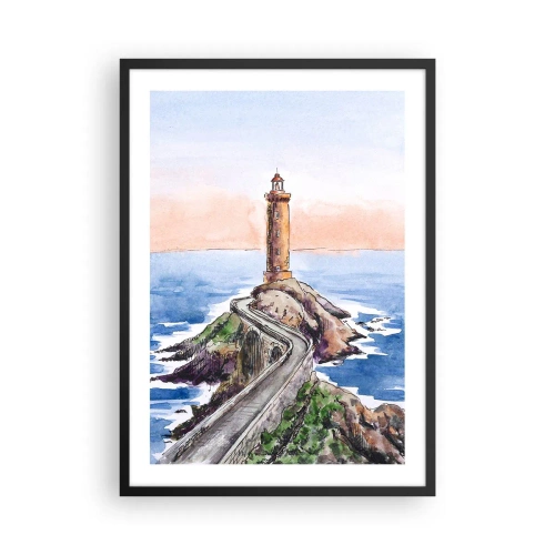 Plakat i sort ramme - Akvarelillustration af et fyrtårn på en klippekyst - 50x70cm - Med front mod havet - Moderne vægdekoration til stue og soveværelse ARTTOR