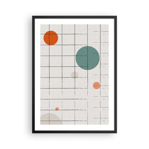 Plakat i sort ramme - Abstrakt komposition af et gitter og farvede cirkler - 50x70cm - Fanget i en fælde. Os eller dem? - Moderne vægdekoration til stue og soveværelse ARTTOR