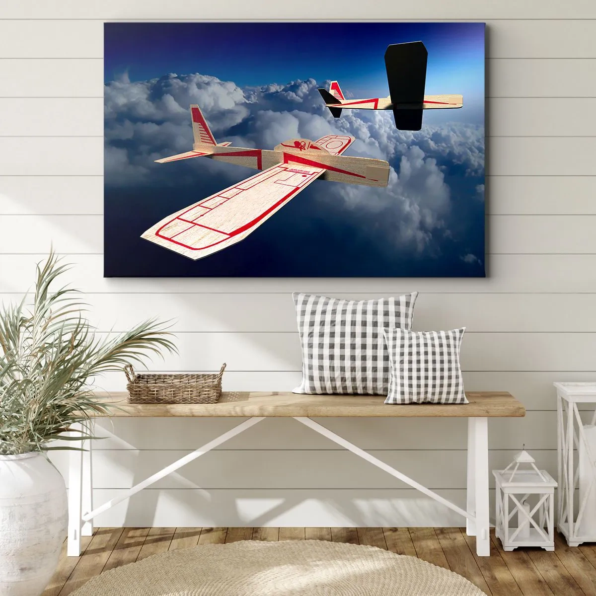 Lærredstryk - Billede på lærred - To træfly svæver over skyerne mod en blå himmel. - 70x50cm - Endnu højere, endnu længere - Moderne vægdekoration til stue og soveværelse ARTTOR